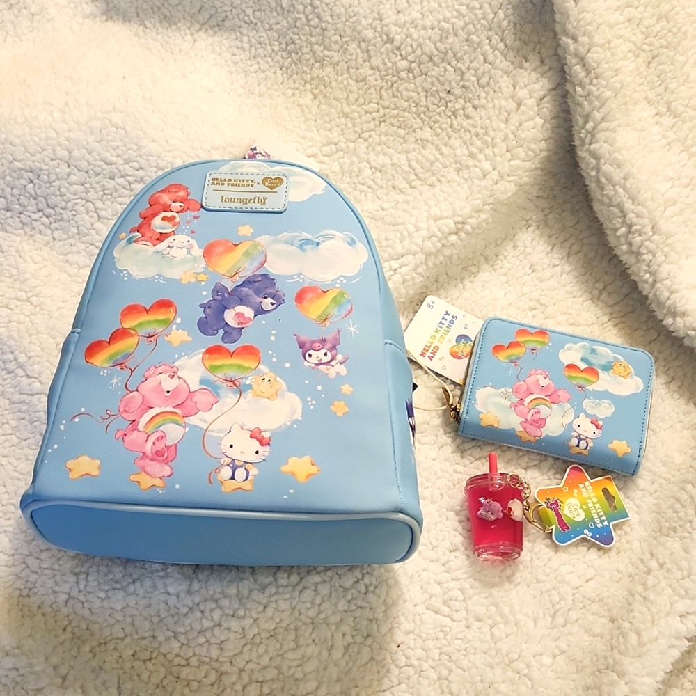 LOUNGEFLY CARE BEAR X HELLO KITTY BACKPACK WALLET AND KEYCHAIN BUNDLE NWT